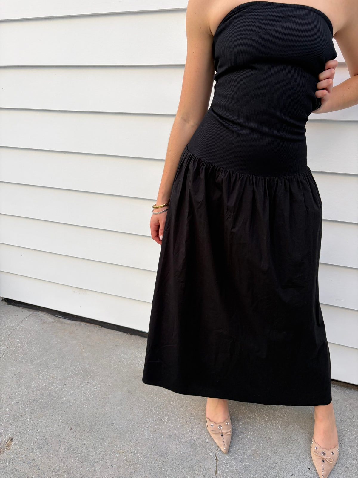 Black Strapless Drop-Waist Midi Dress - Image 1