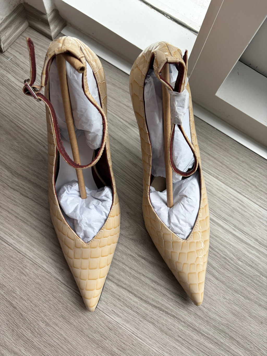 Alias Mae Beige Faux Crocodile Embossed Pointed Toe Ankle Strap Heels - Image 1