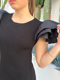 Aje Black Ribbed Knit Dress With Ruffle Sleeves - Image 1