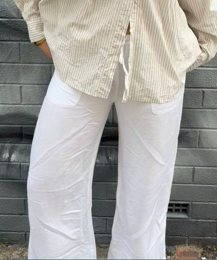 Seafolly White Linen-Blend Drawstring Wide-Leg Trousers - Image 4