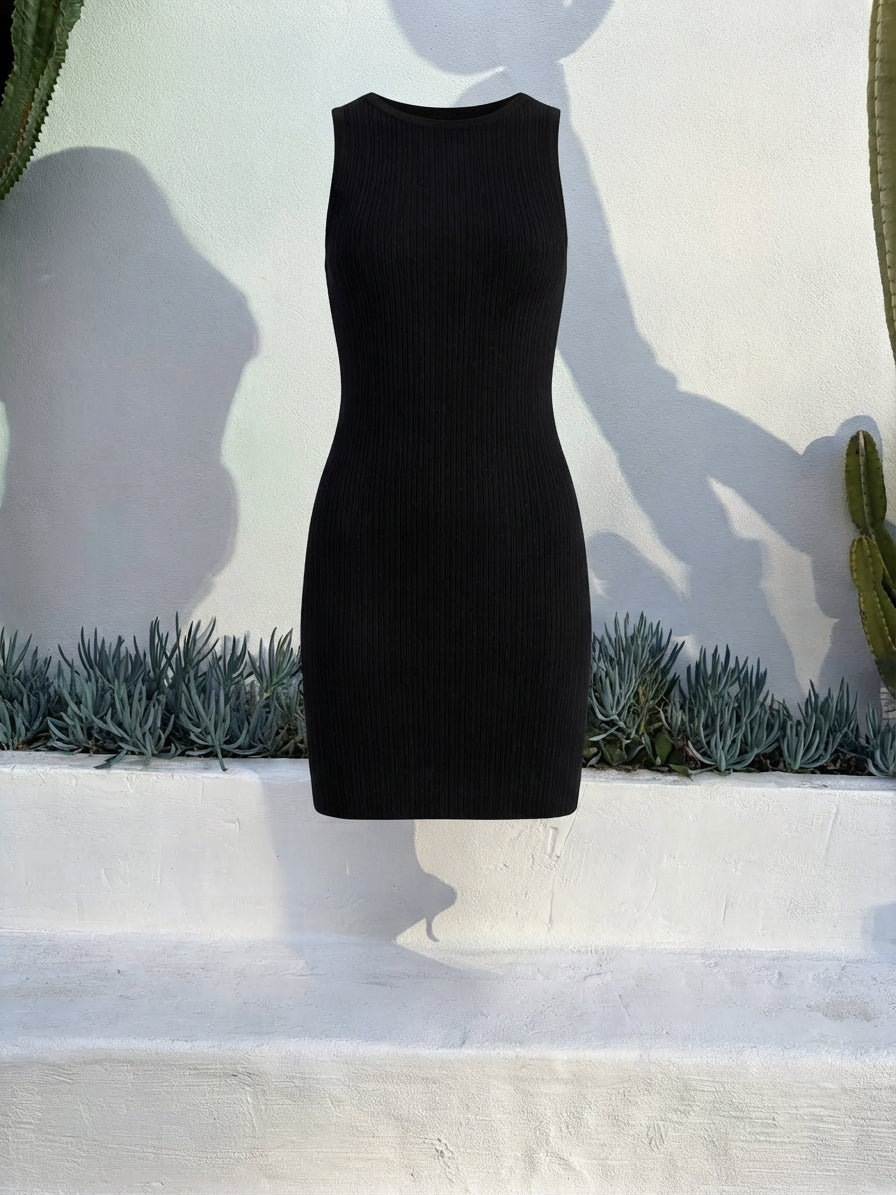 Black Ribbed Knit Sleeveless Mini Dress - Image 2