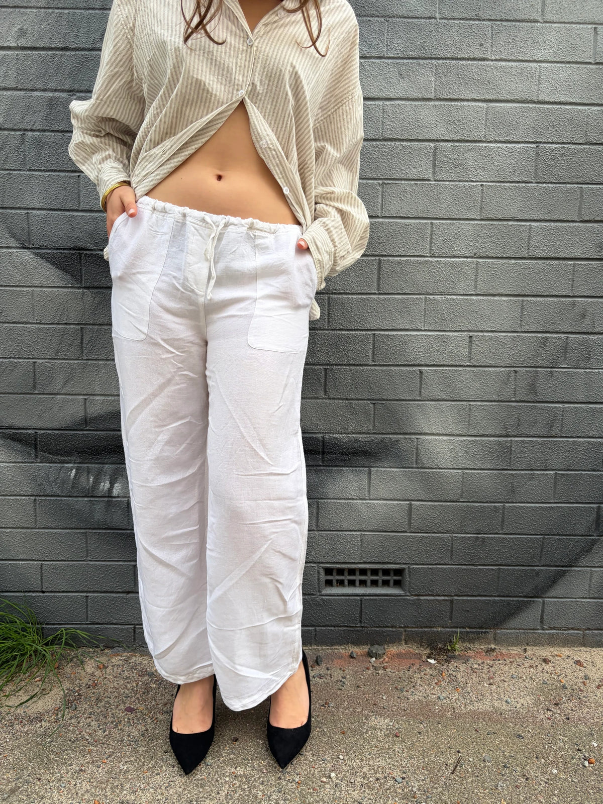 Seafolly White Linen-Blend Drawstring Wide-Leg Trousers - Image 2