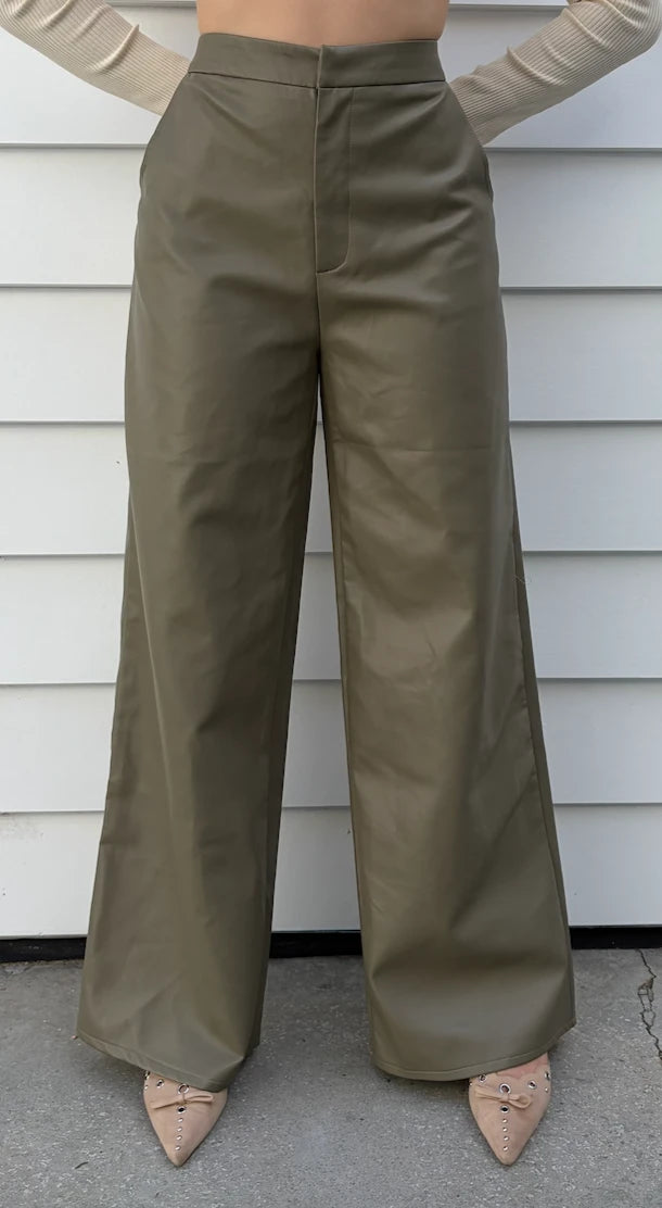 Charcoal Olive Green Faux Leather Wide Leg Trousers - Image 5