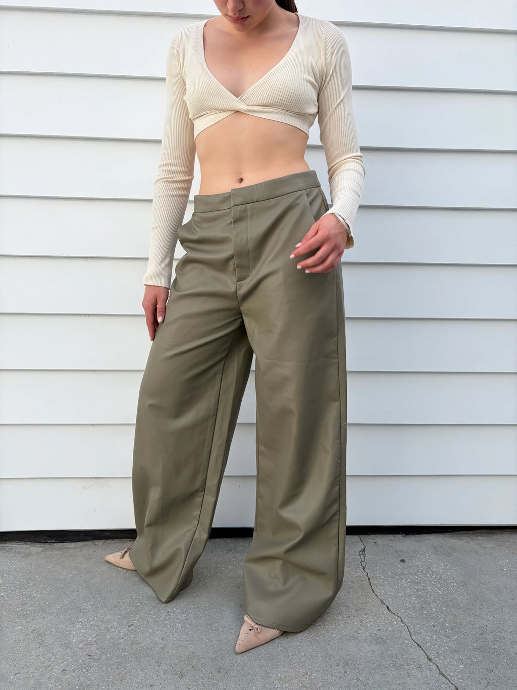 Meshki Ribbed Long Sleeve Twist Front Crop Top Cream - Image 4
