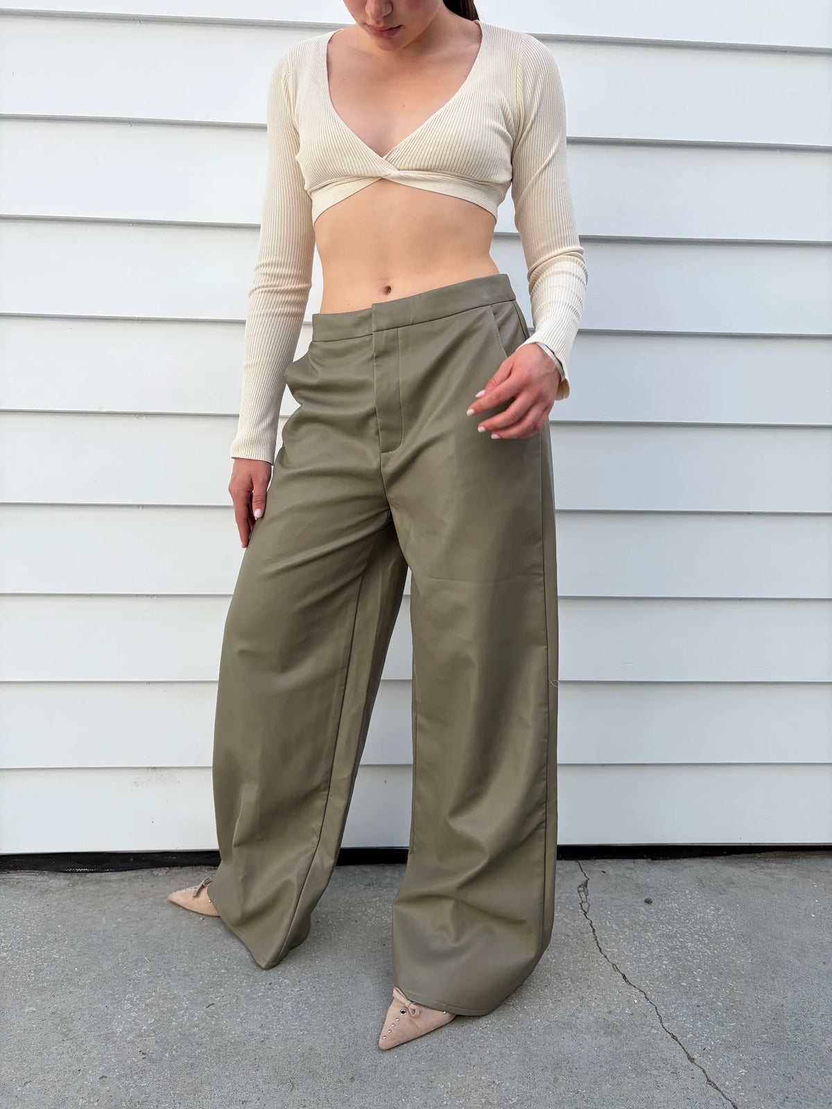 Meshki Ribbed Long Sleeve Twist Front Crop Top Cream - Image 4