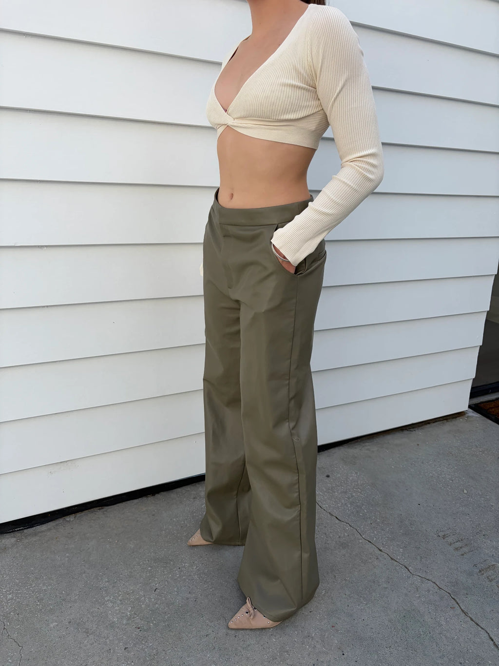 Meshki Ribbed Long Sleeve Twist Front Crop Top Cream - Image 1