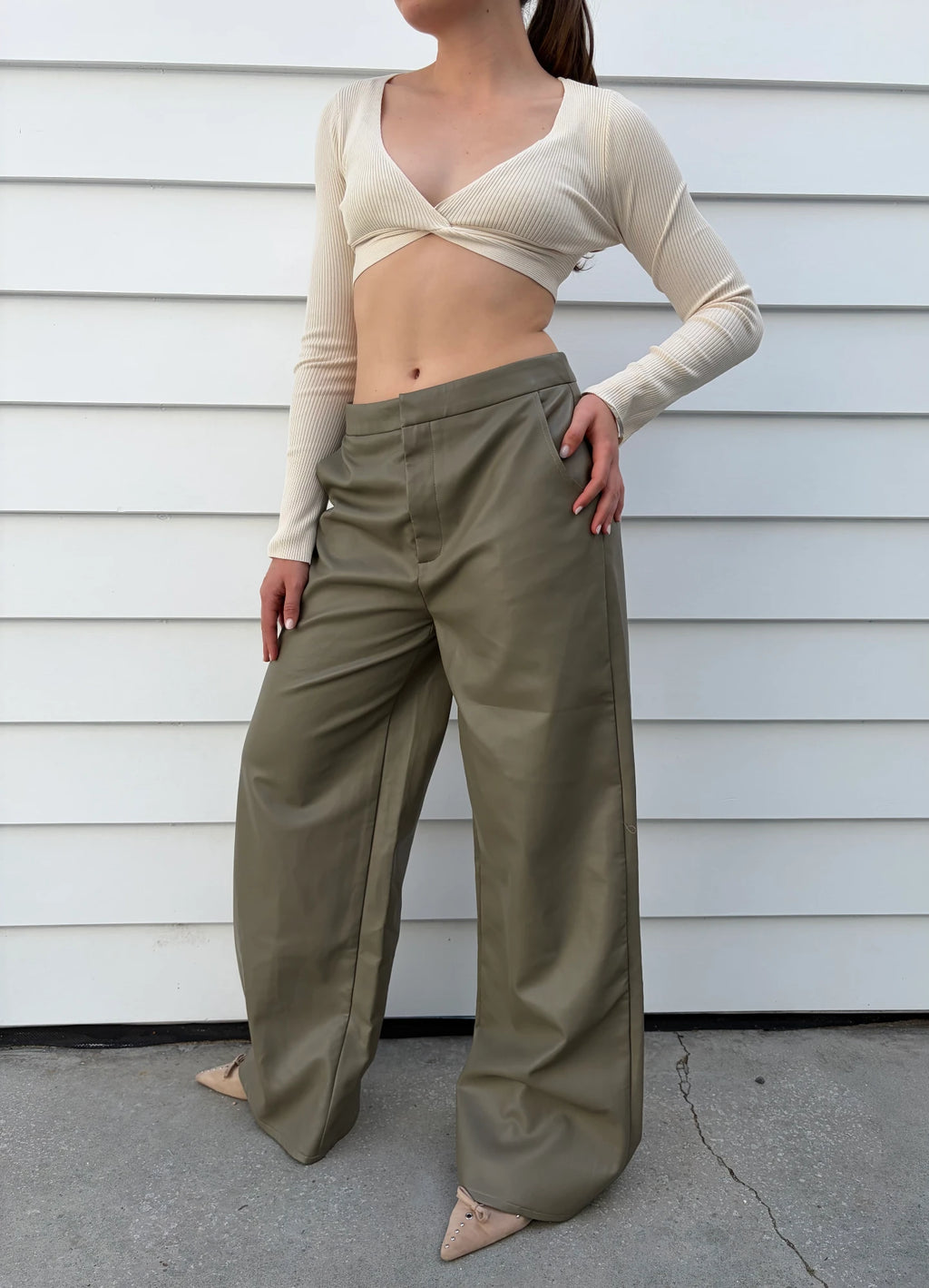 Meshki Ribbed Long Sleeve Twist Front Crop Top Cream - Image 3