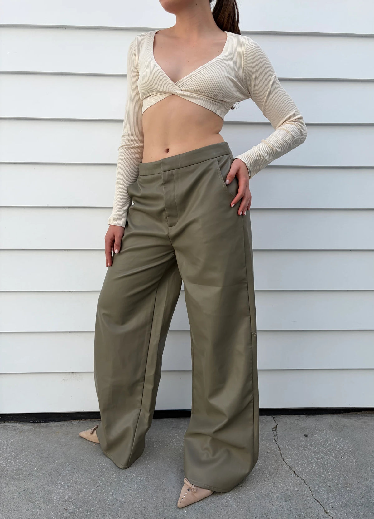 Meshki Ribbed Long Sleeve Twist Front Crop Top Cream - Image 3