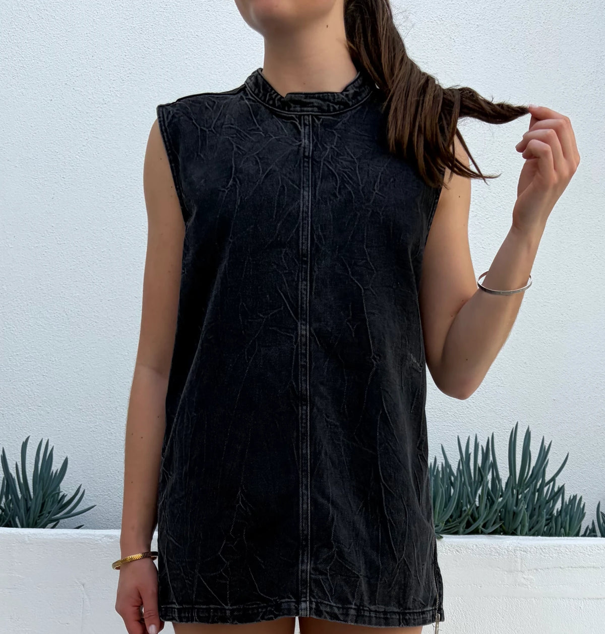 COS Acid Wash Black Denim Sleeveless Mini Dress - Image 2