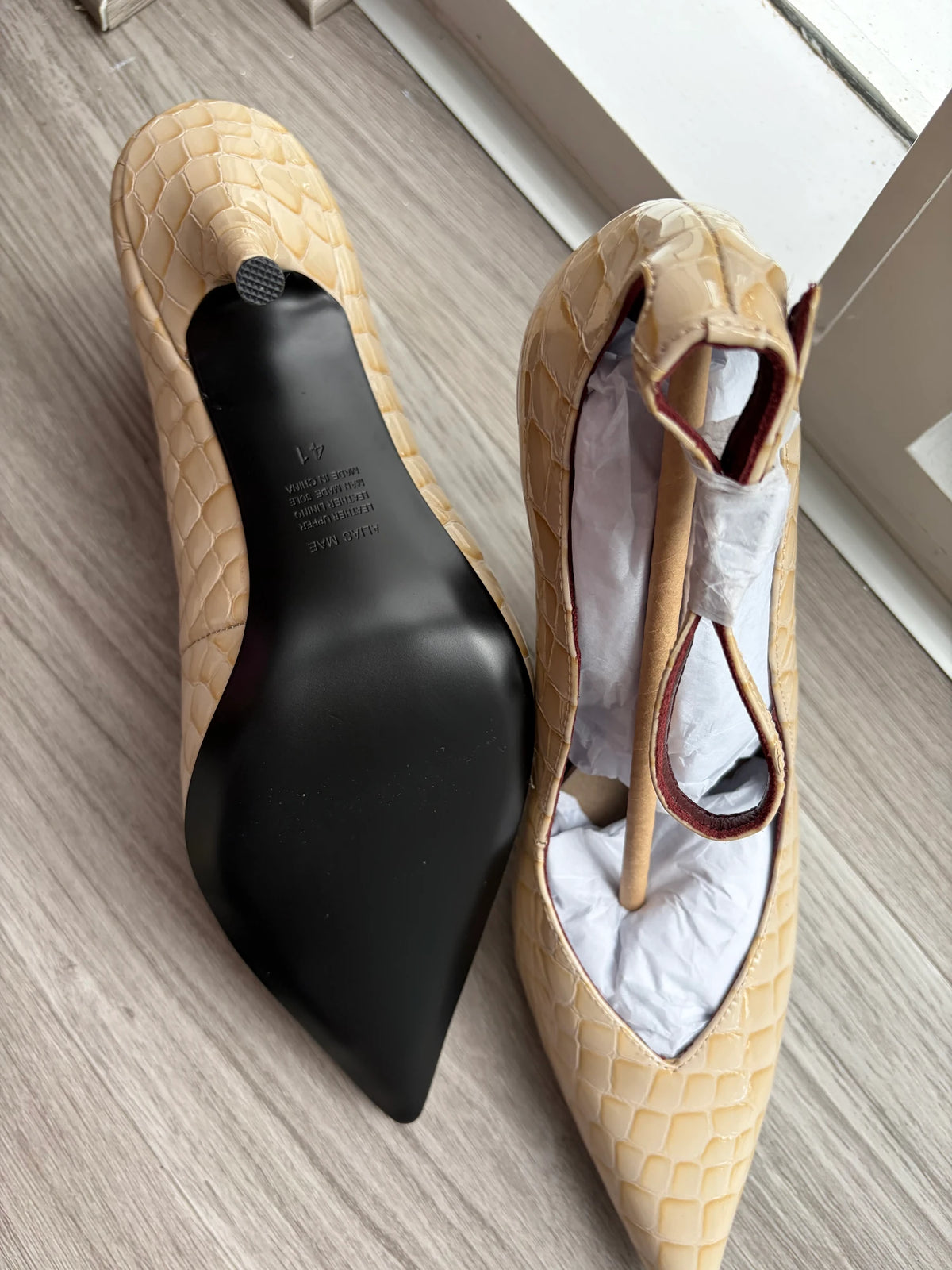 Alias Mae Beige Faux Crocodile Embossed Pointed Toe Ankle Strap Heels - Image 3