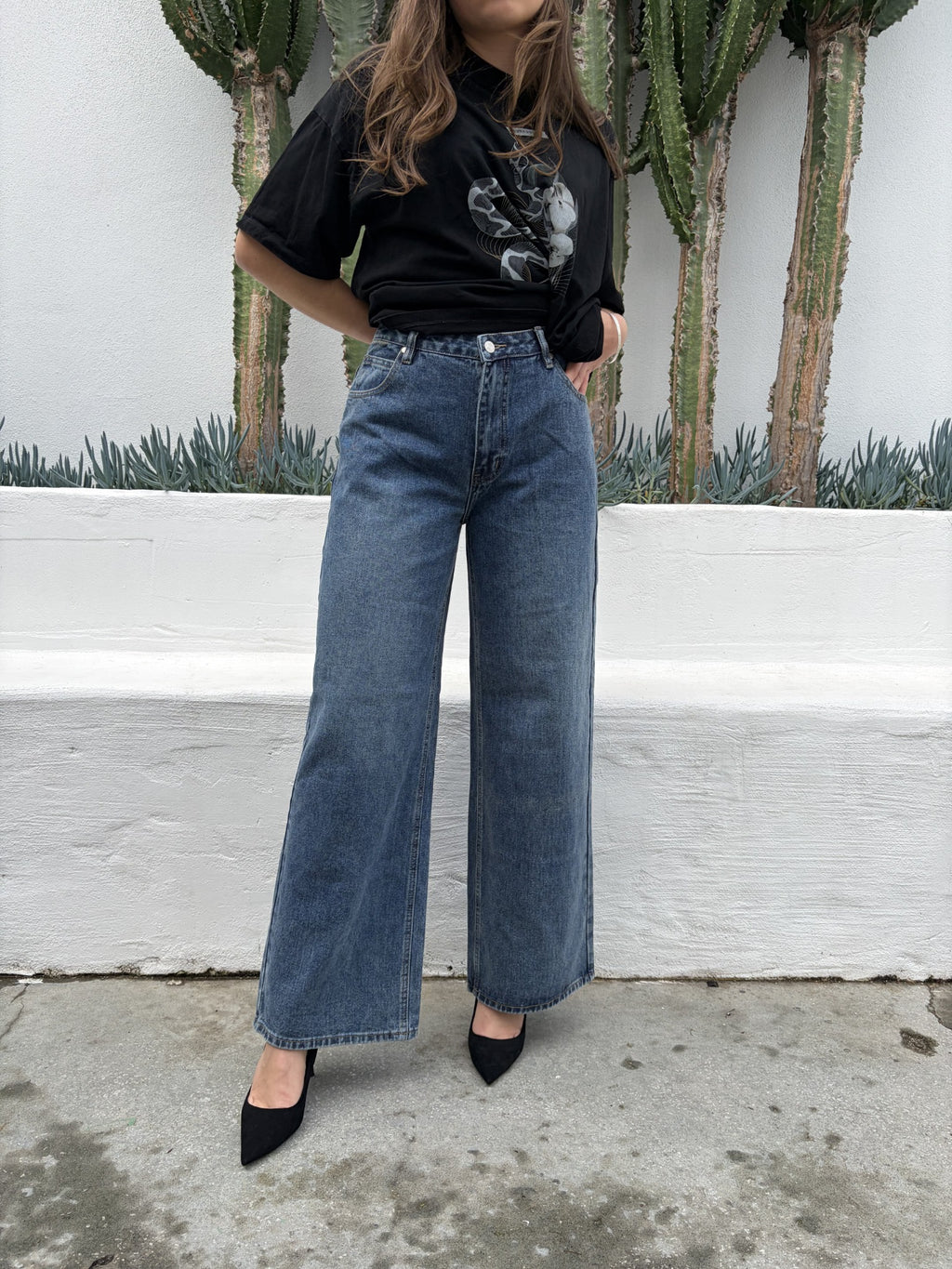 Charcoal Wide Leg Blue Denim Jeans - Image 3