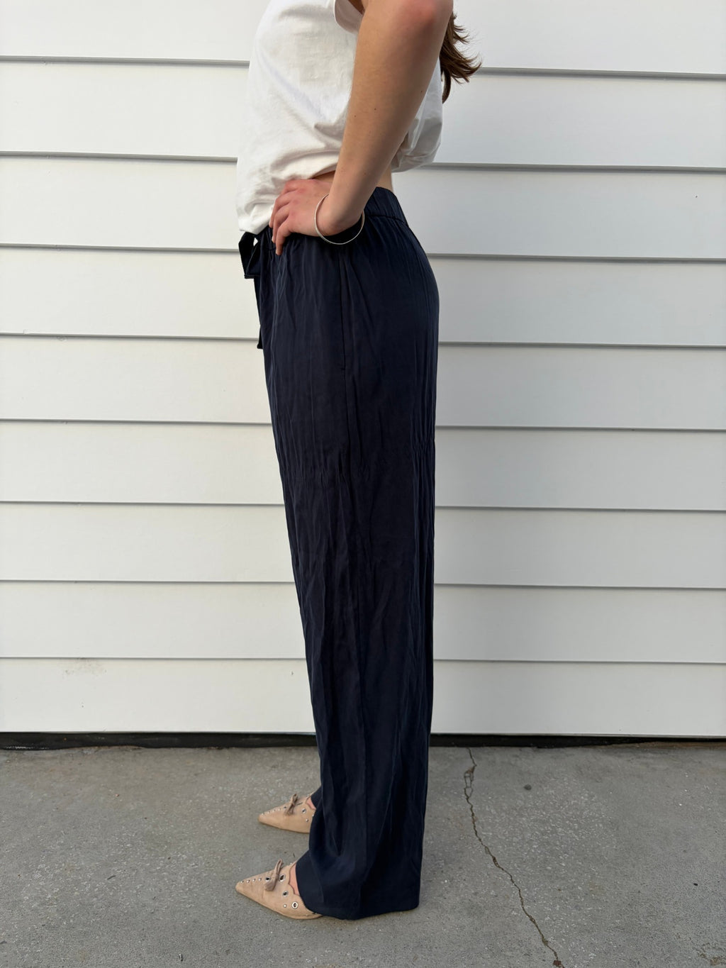 Henne Navy Blue Wide Leg Elastic Waist Trousers - Image 2