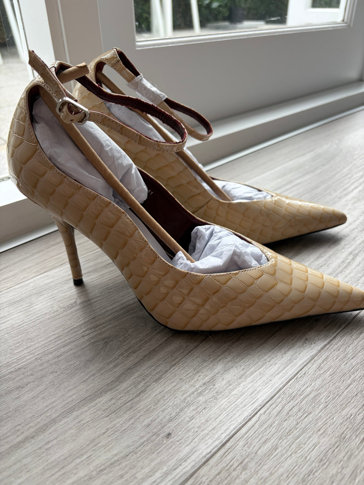 Alias Mae Beige Faux Crocodile Embossed Pointed Toe Ankle Strap Heels - Image 2