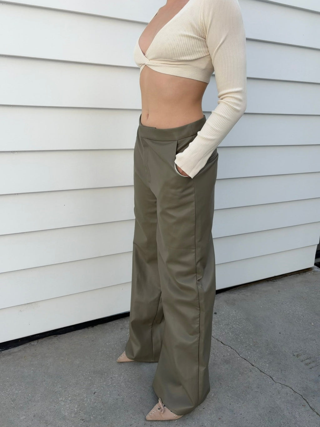 Charcoal Olive Green Faux Leather Wide Leg Trousers - Image 2