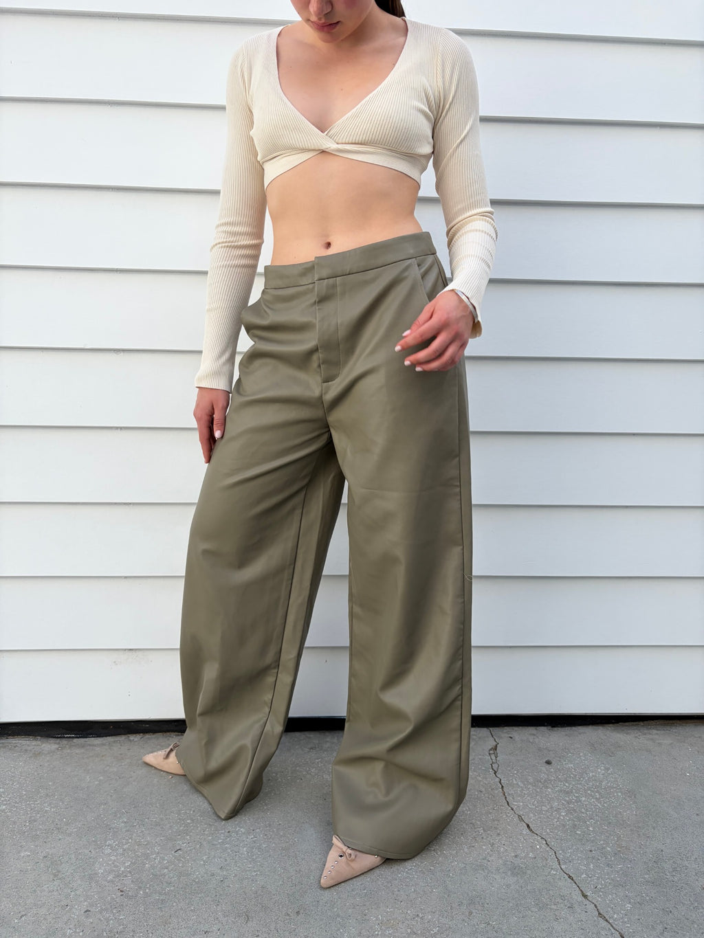 Charcoal Olive Green Faux Leather Wide Leg Trousers - Image 3