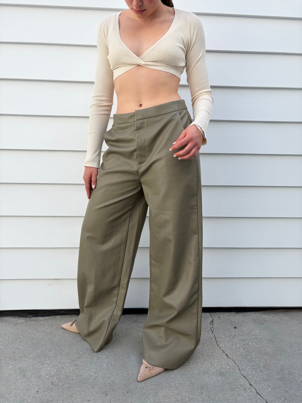 Charcoal Olive Green Faux Leather Wide Leg Trousers - Image 3