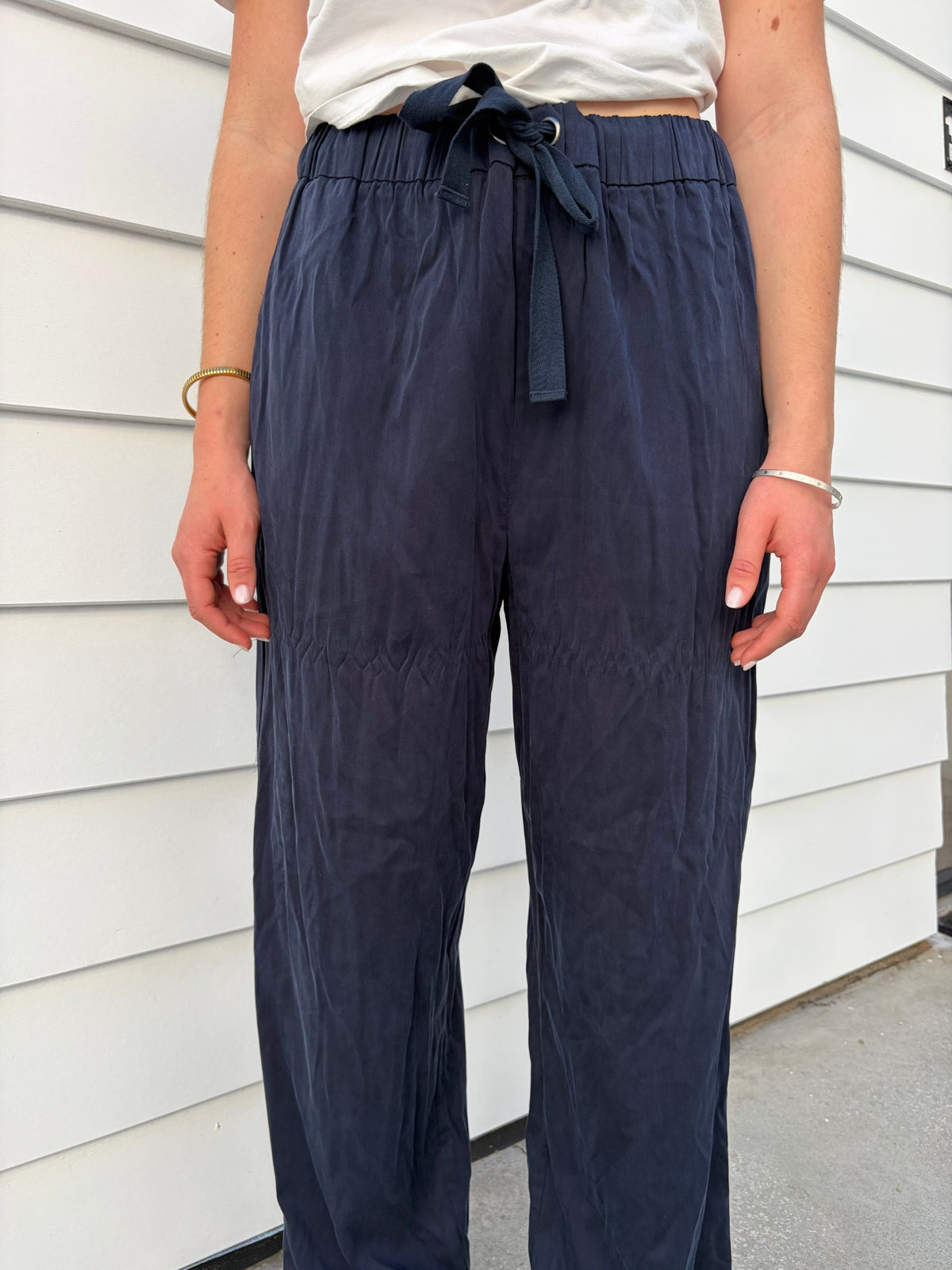 Henne Navy Blue Wide Leg Elastic Waist Trousers - Image 1