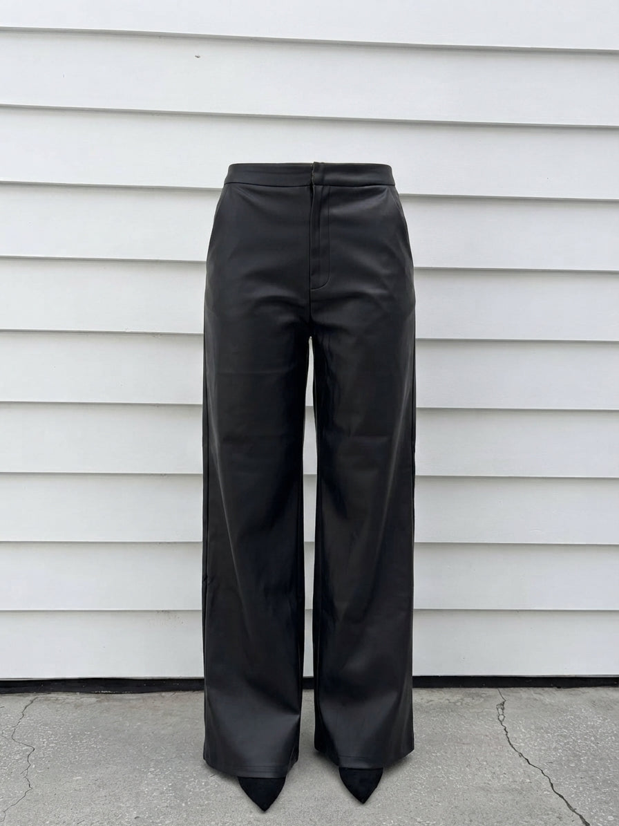 Charcoal Black Faux Leather Wide Leg Trousers - Image 3