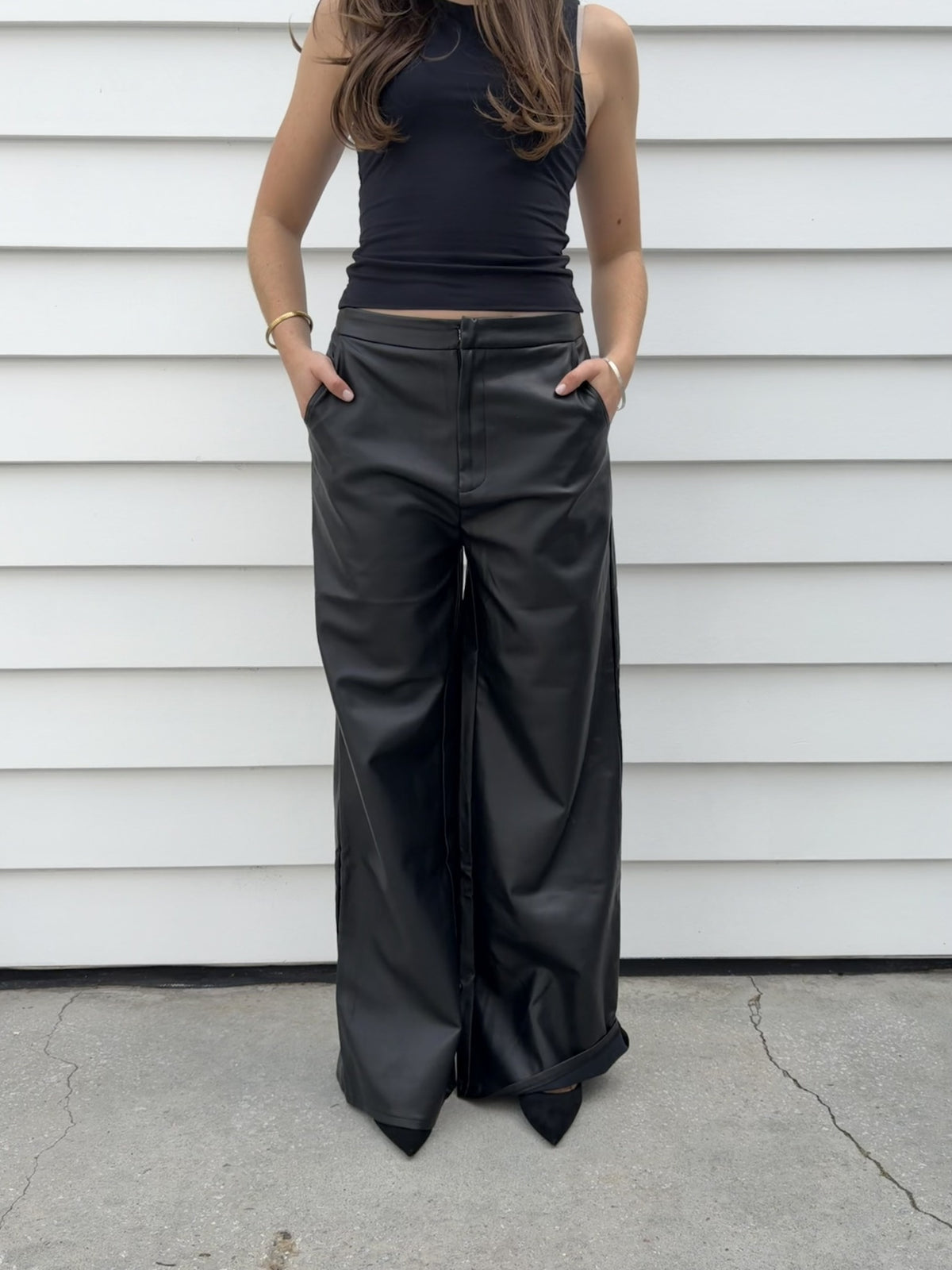 Charcoal Black Faux Leather Wide Leg Trousers - Image 1