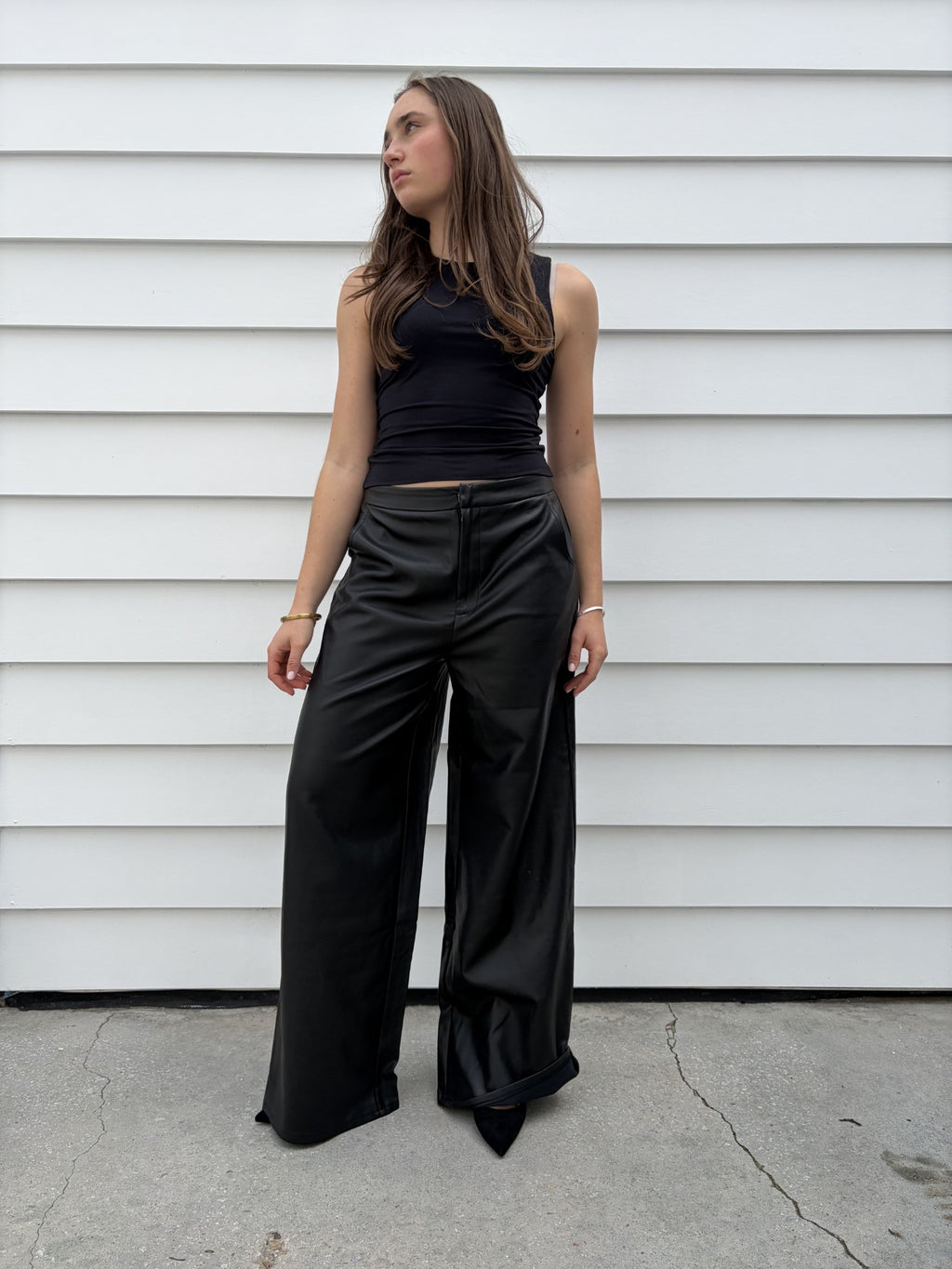 Charcoal Black Faux Leather Wide Leg Trousers - Image 2