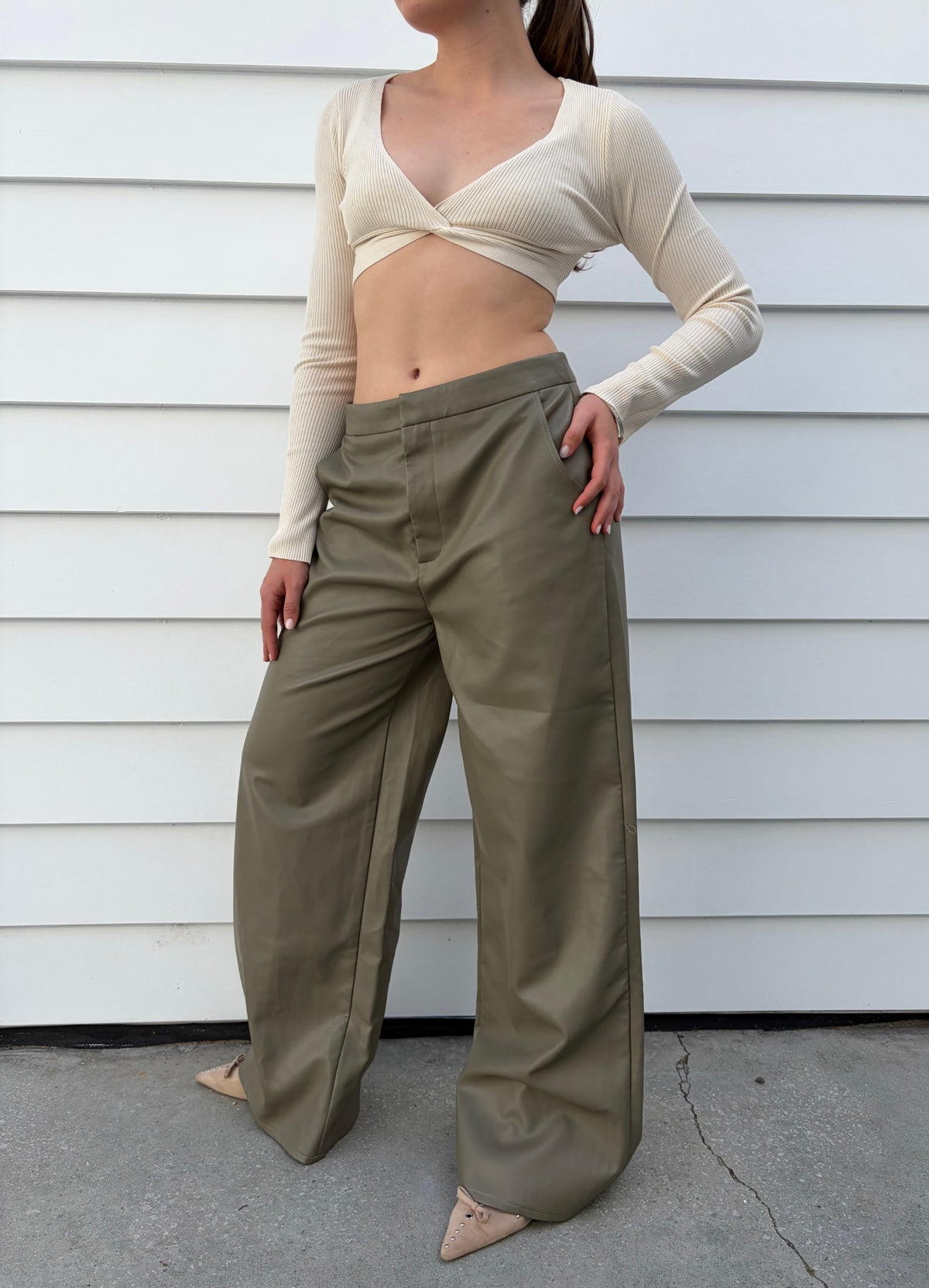 Charcoal Olive Green Faux Leather Wide Leg Trousers - Image 4