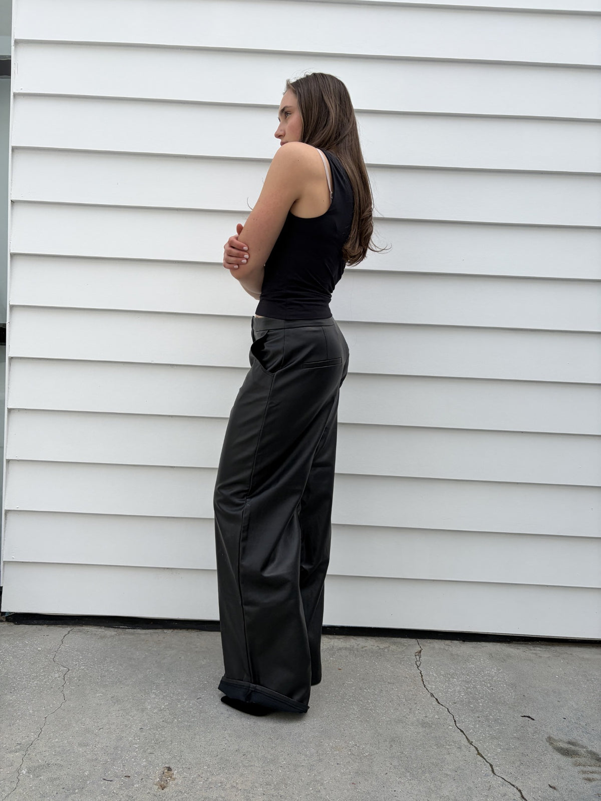 Charcoal Black Faux Leather Wide Leg Trousers - Image 4