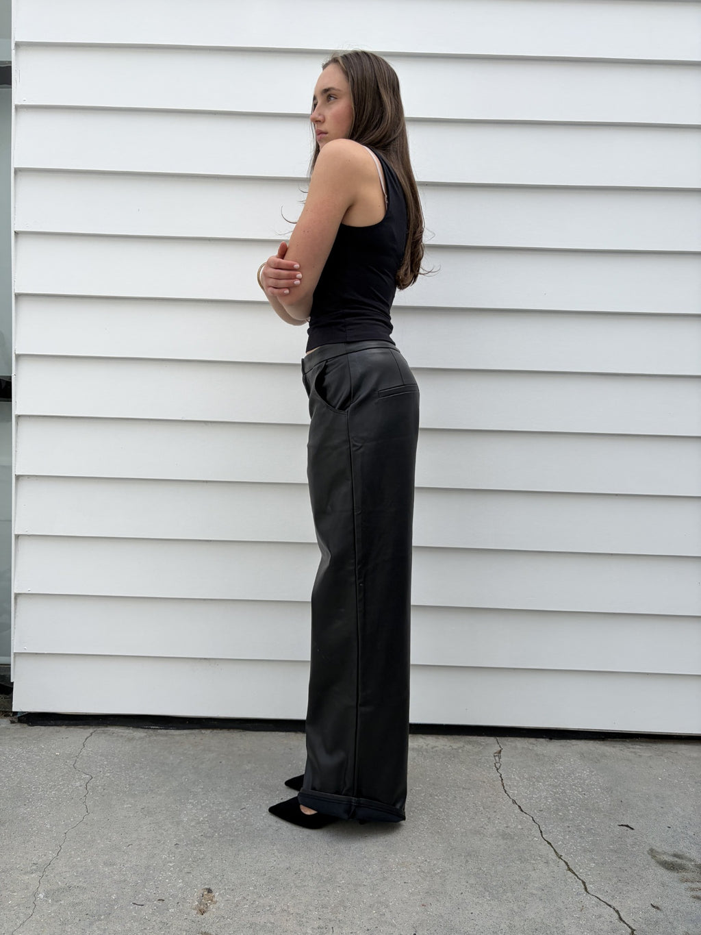 Charcoal Black Faux Leather Wide Leg Trousers - Image 5
