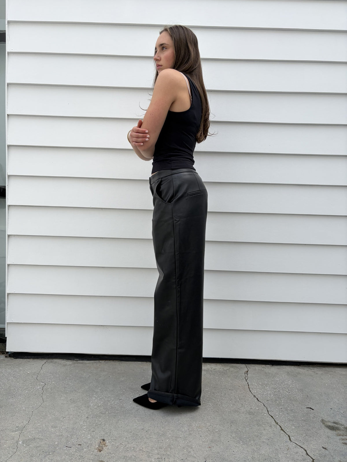 Charcoal Black Faux Leather Wide Leg Trousers - Image 5