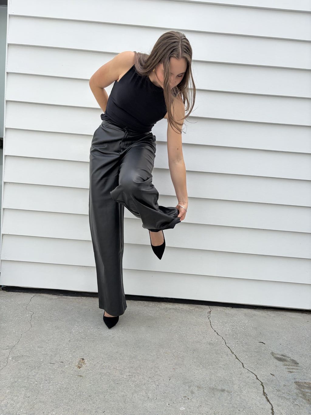 Charcoal Black Faux Leather Wide Leg Trousers - Image 6