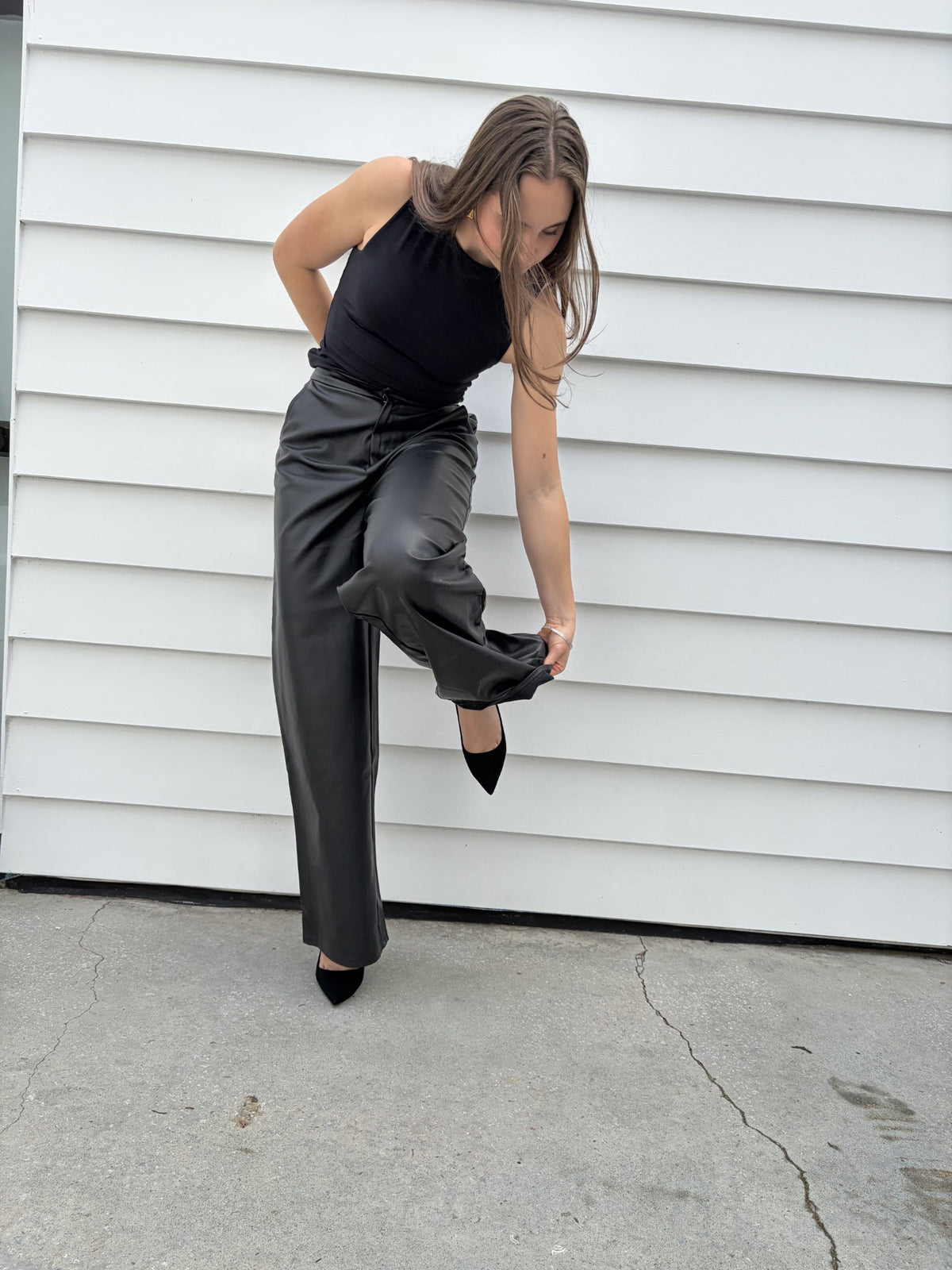 Charcoal Black Faux Leather Wide Leg Trousers - Image 6