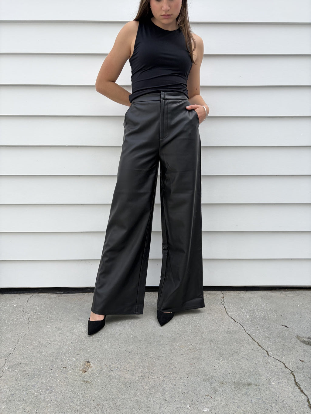 Charcoal Black Faux Leather Wide Leg Trousers - Image 7