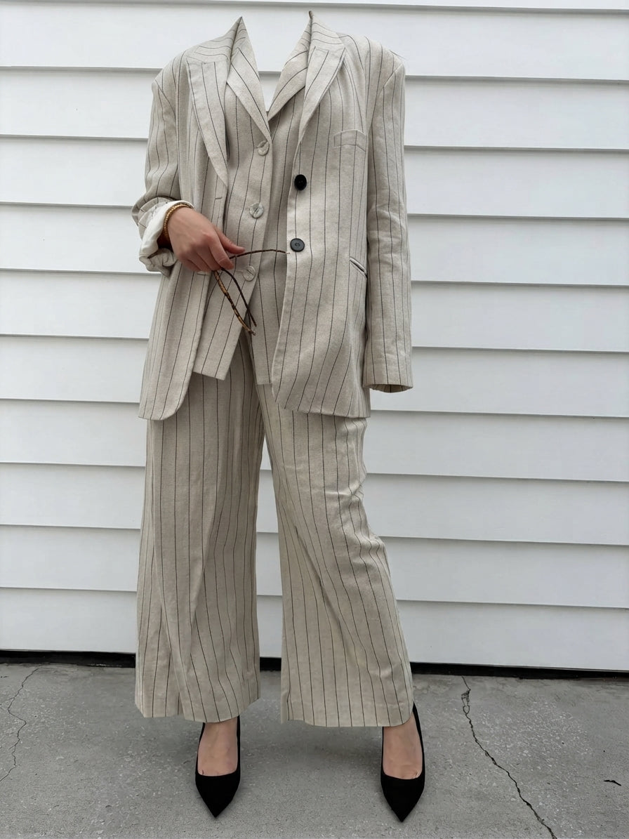 Dissh Pinstripe Linen Blend Blazer and Wide Leg Trouser Set - Image 3