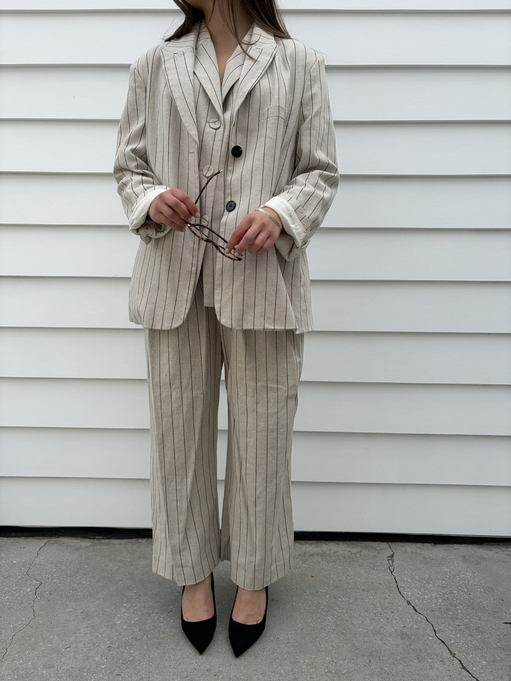 Dissh Pinstripe Linen Blend Blazer and Wide Leg Trouser Set - Image 6