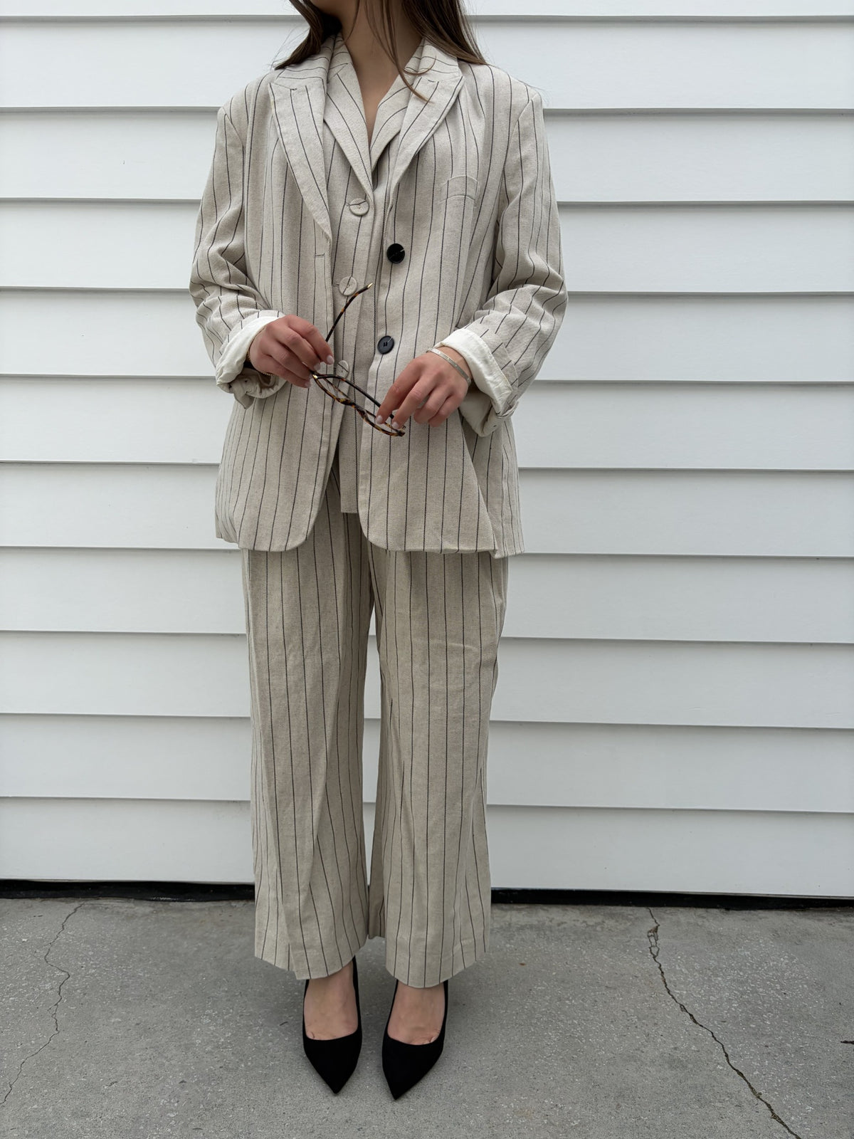 Dissh Pinstripe Linen Blend Blazer and Wide Leg Trouser Set - Image 6