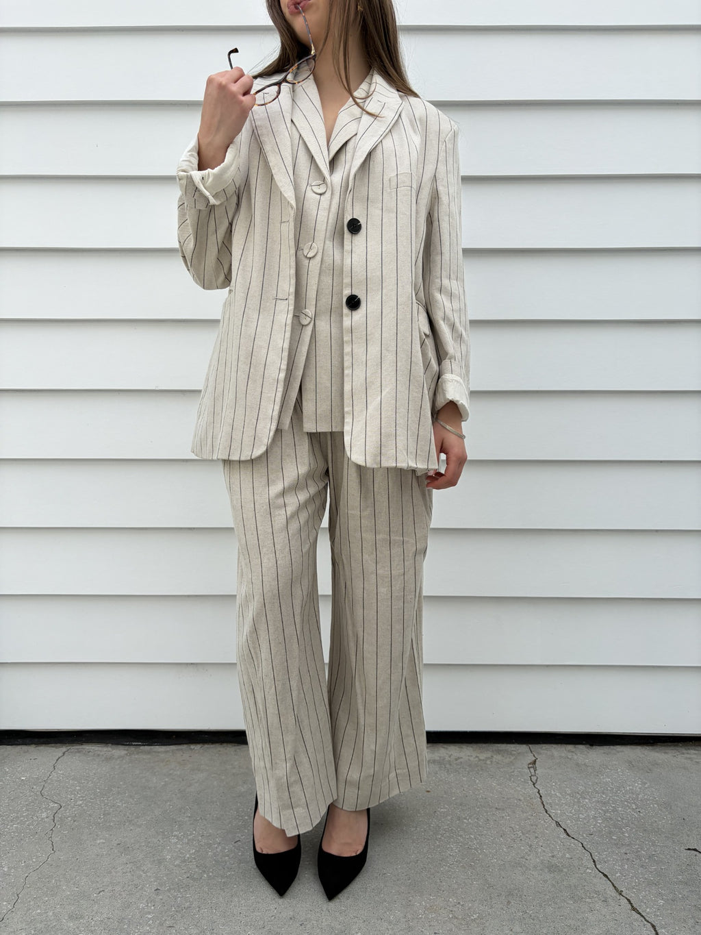 Dissh Pinstripe Linen Blend Blazer and Wide Leg Trouser Set - Image 7