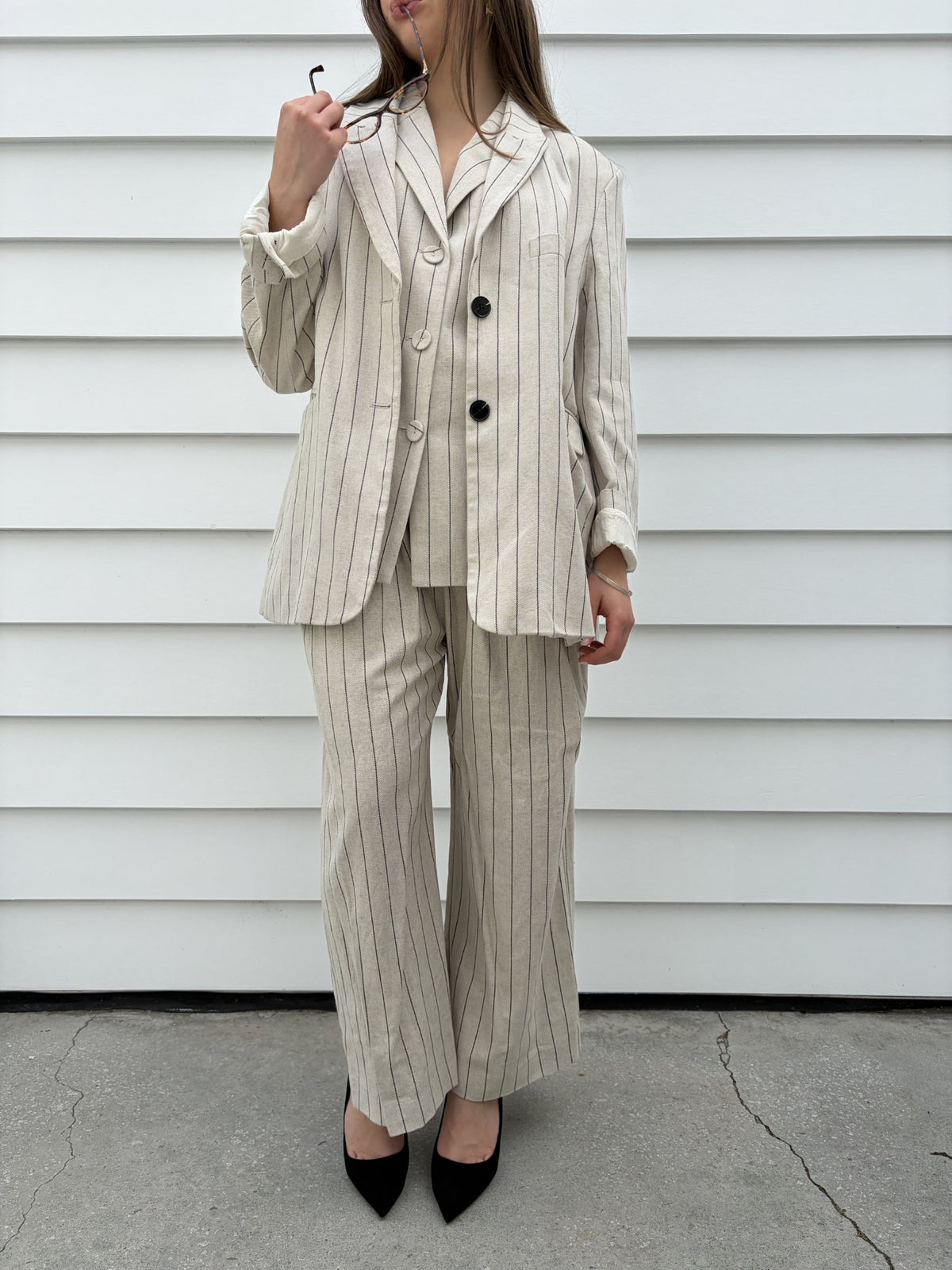 Dissh Pinstripe Linen Blend Blazer and Wide Leg Trouser Set - Image 7
