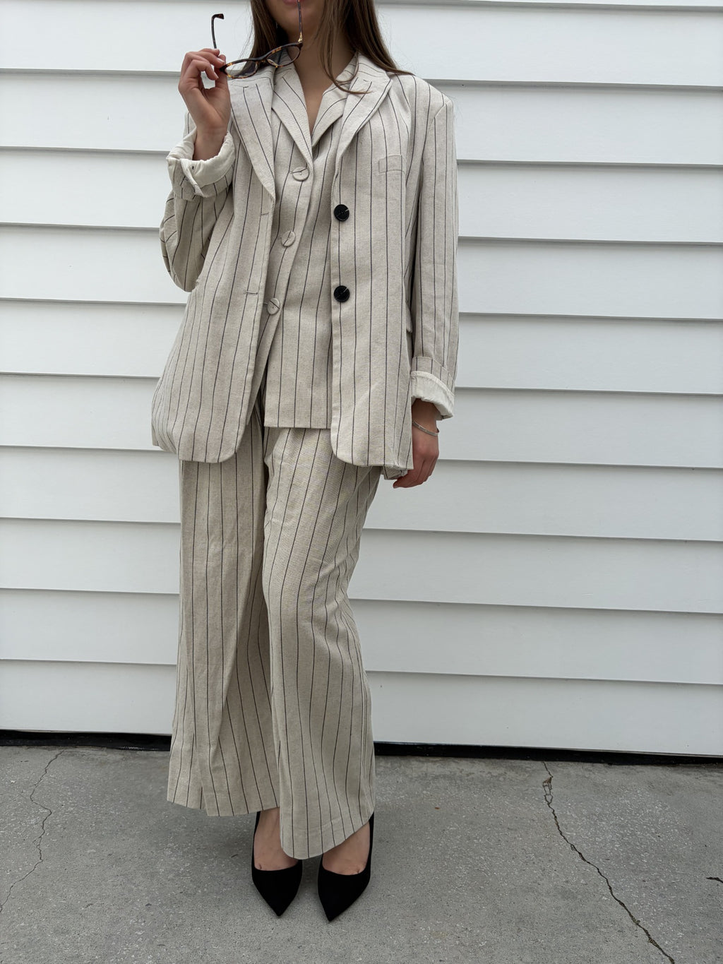 Dissh Pinstripe Linen Blend Blazer and Wide Leg Trouser Set - Image 1