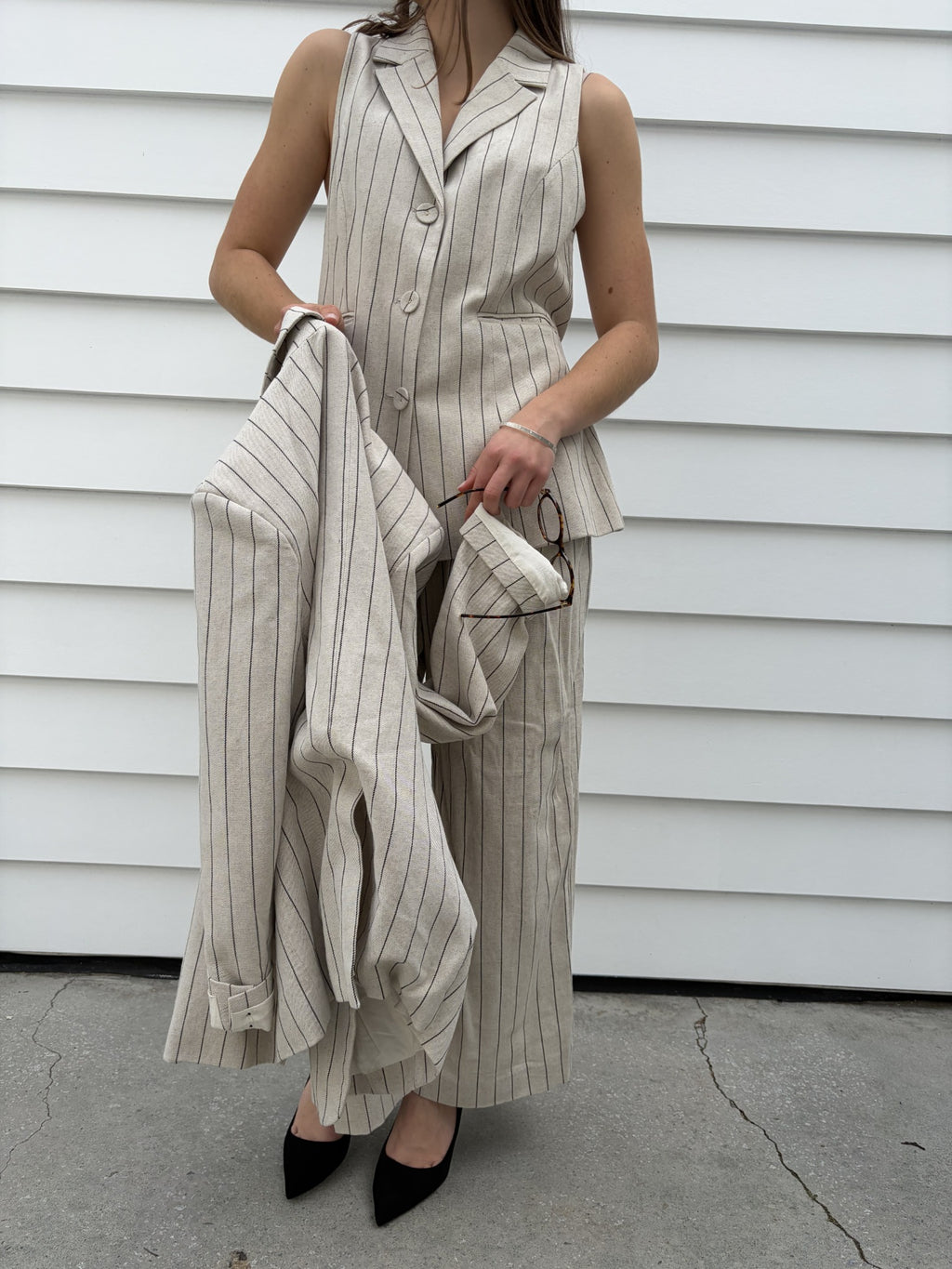 Dissh Pinstripe Linen Blend Blazer and Wide Leg Trouser Set - Image 2