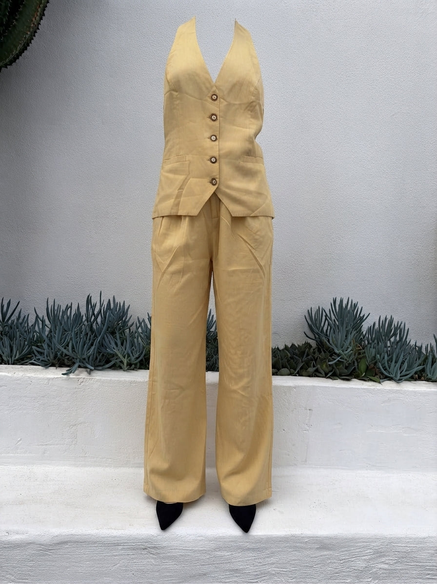 Dissh dusty yellow backless vest and Wide-Leg Trouser Set - Image 3