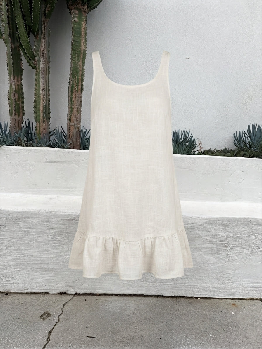 Indikah White Linen Blend Ruffle Hem Mini Dress - Image 2