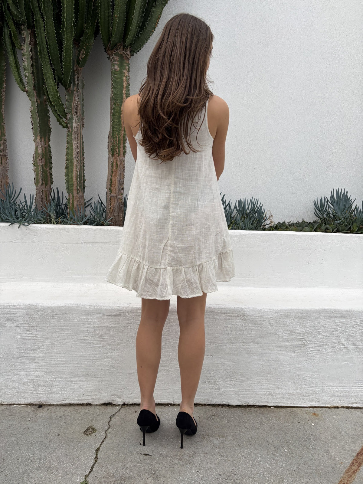 Indikah White Linen Blend Ruffle Hem Mini Dress - Image 3