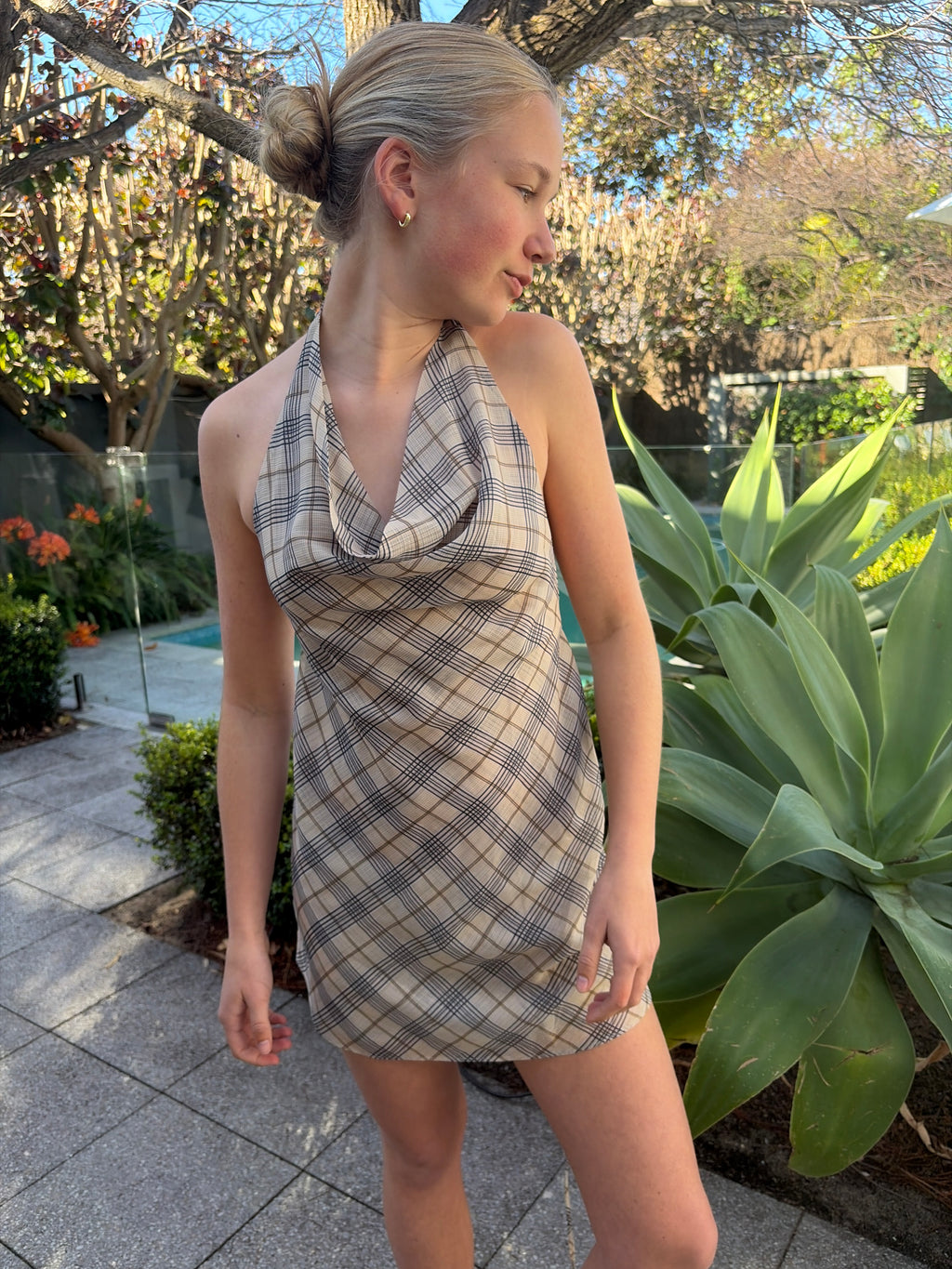 Lioness banks halter mini dress beige plaid