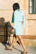 Scanlan Theodore Tailored Bustier Strapless Dress and matching cropped blazer in Turquoise