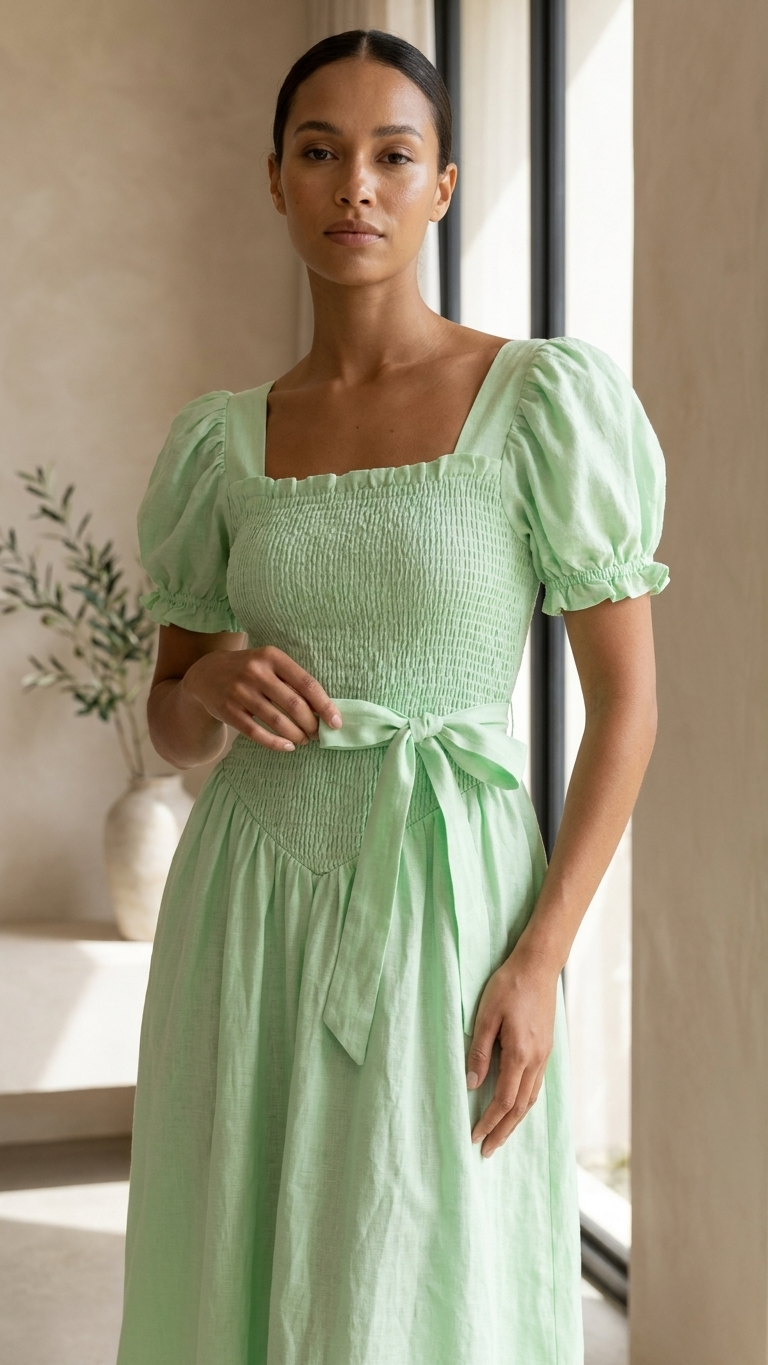 Sleeper mint linen maxi dress with ruffle sleeves