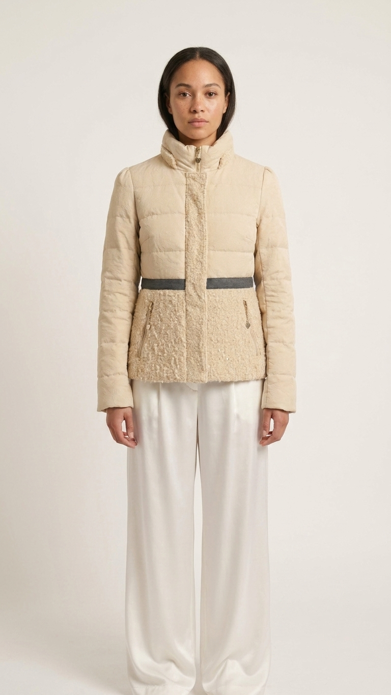 Twin-Set Simona Barbieri- beige puffer with lace and sequin details