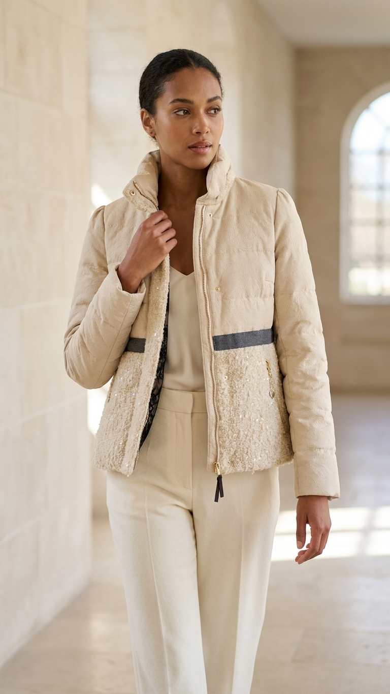 Twin-Set Simona Barbieri- beige puffer with lace and sequin details
