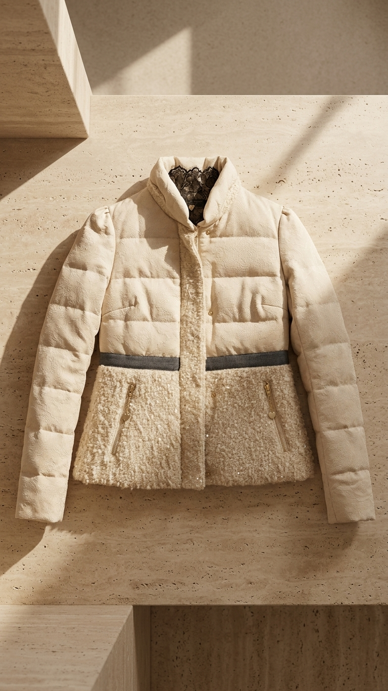 Twin-Set Simona Barbieri- beige puffer with lace and sequin details